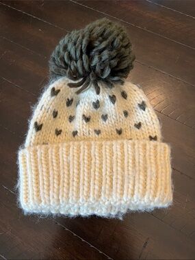 Kids Cream Knit Pom Beanie with Charcoal Heart Detail